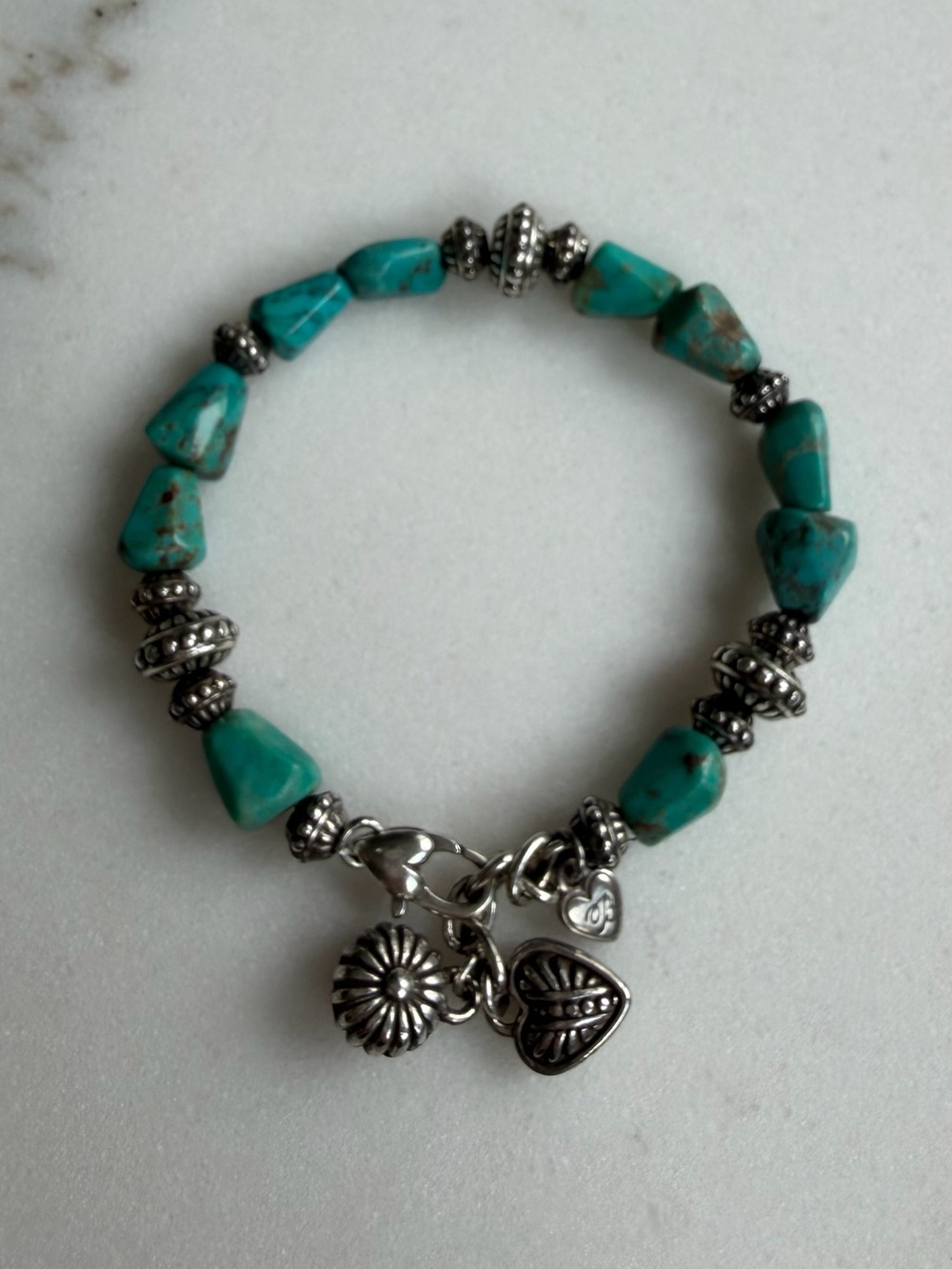 Brighton Turquoise Beaded Silver Tone Heart Flower Charm Bracelet